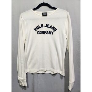 Y2K Polo Jeans Co. Spellout Embroidered Logo Long Sleeved cream Tshirt Large